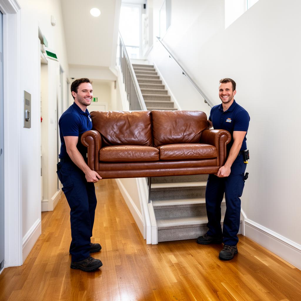 Déménageurs professionnels Déménagement Xpress transportant un sofa avec soin